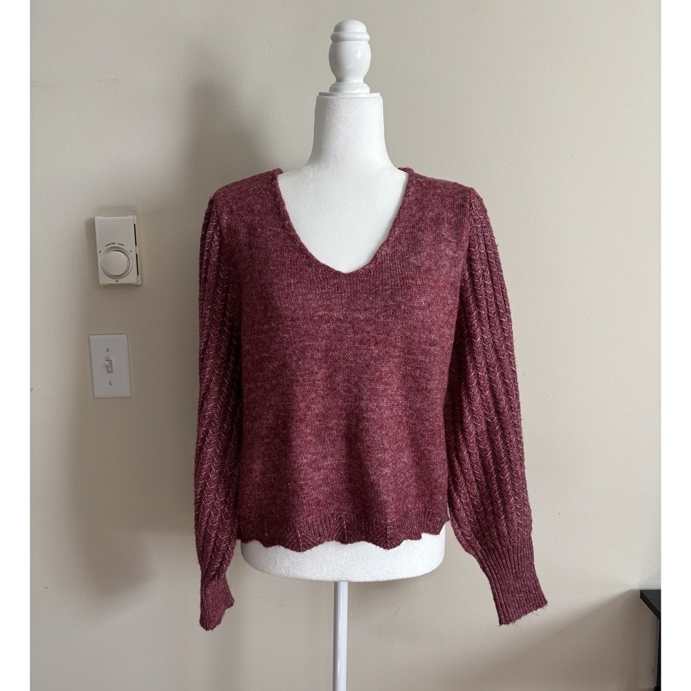 Frye‎ Womens Large Pullover V Neck Sweater Ballon Sleeve Pink Boho Cozy Chic